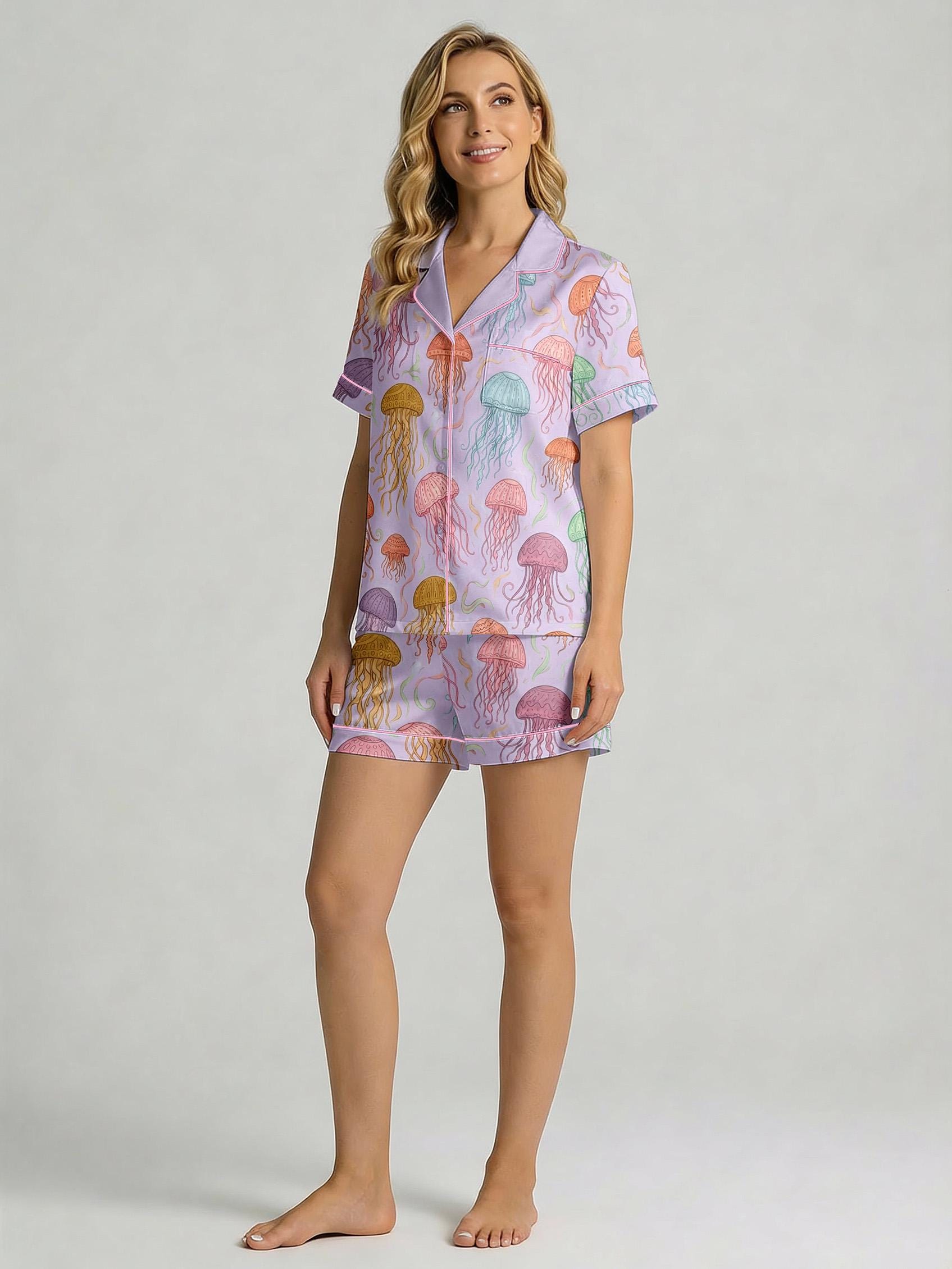 Jellyfish Print Pajama Set, Women's Lightweight Sleepwear