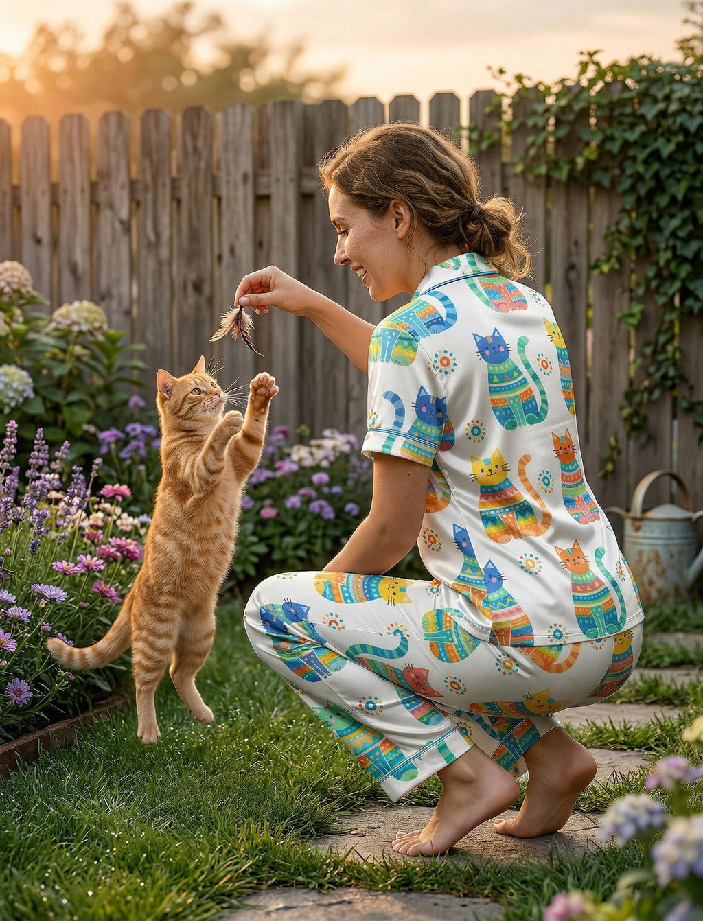 Cat Satin Pajama Set, Cute Cat Sleepwear, Women’s Lounge Pajamas, Summer Sleepwear Cat Meme Xmas Wedding Pajamas,  Gift for Her
