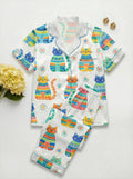 Cat Satin Pajama Set, Cute Cat Sleepwear, Women’s Lounge Pajamas, Summer Sleepwear Cat Meme Xmas Wedding Pajamas,  Gift for Her