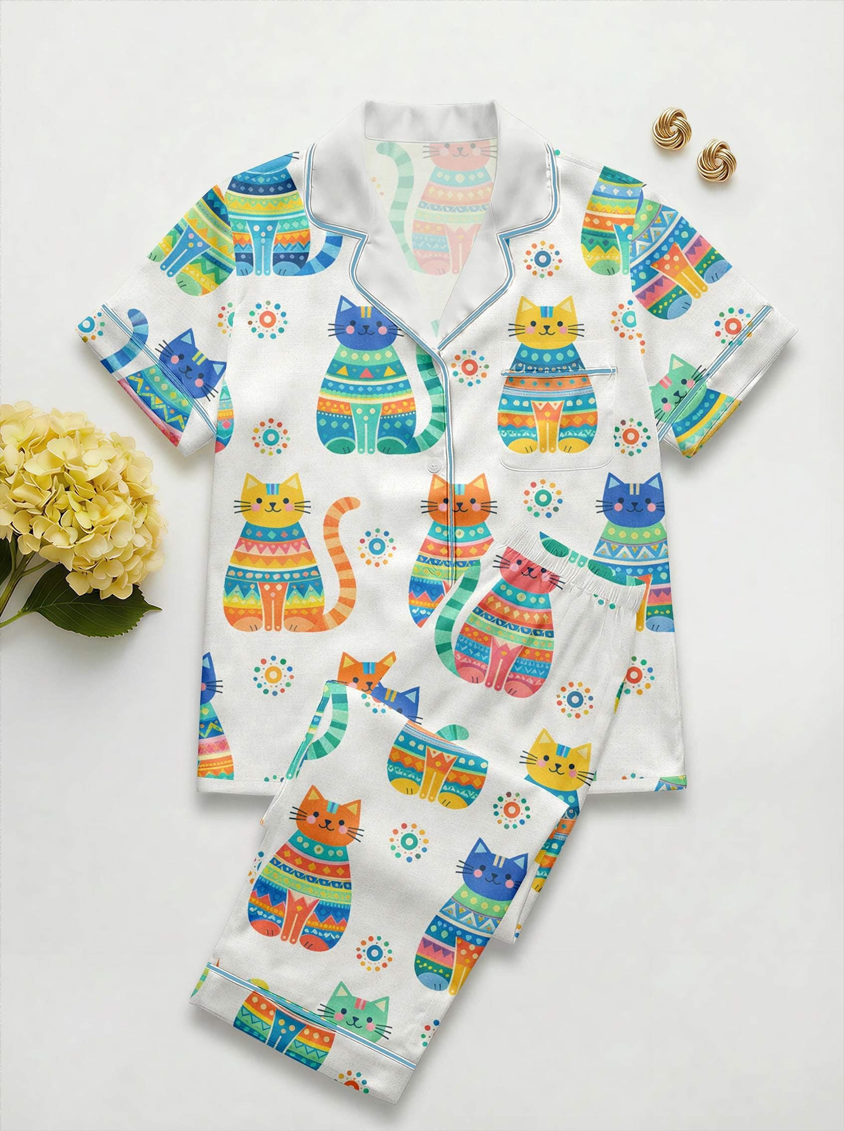 Cat Satin Pajama Set, Cute Cat Sleepwear, Women’s Lounge Pajamas, Summer Sleepwear Cat Meme Xmas Wedding Pajamas,  Gift for Her