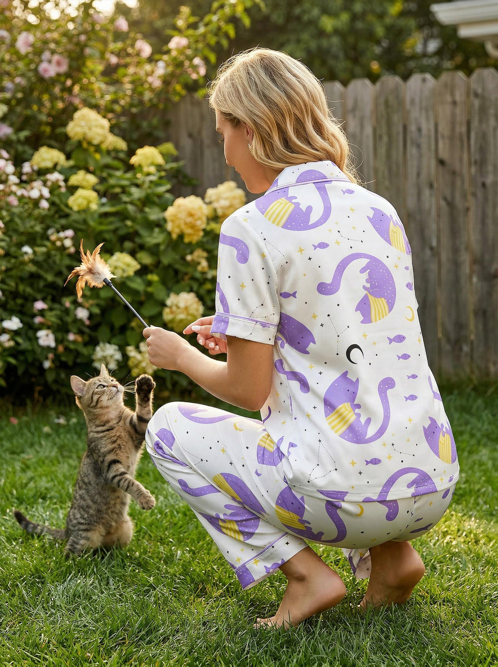 Purple Cat Satin Pajama Set, Cute Cat Print , Women’s Lounge Pajamas, Summer Sleepwear Pet Meme Xmas Wedding Pajamas,  Gift for Her