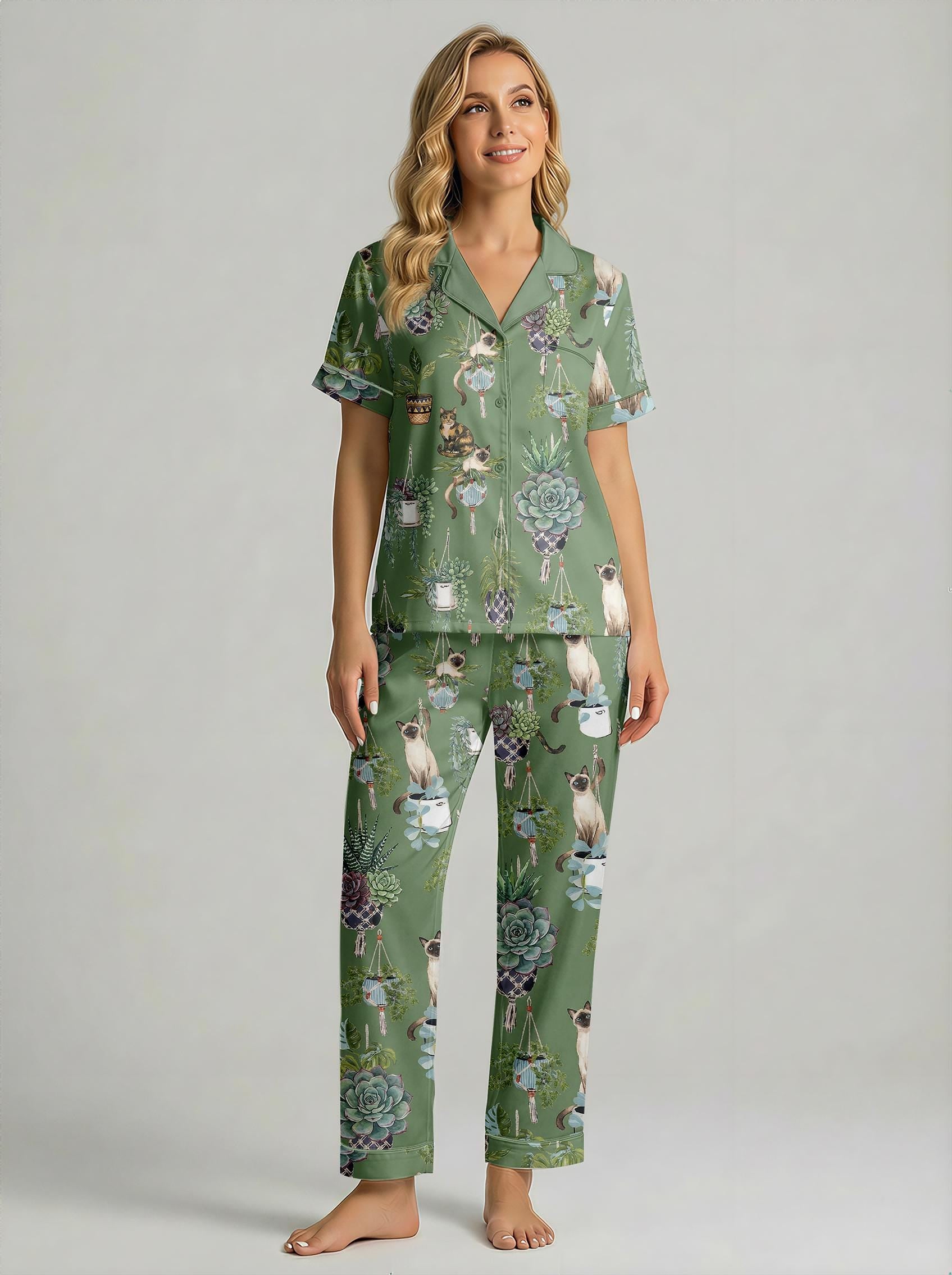 Women’s Garden  Cat Pajama Set, Botanical Cat Print Satin Pajamas, Short Sleeve Summer Loungewear, Family Matching Sleepwear, Gift for Her