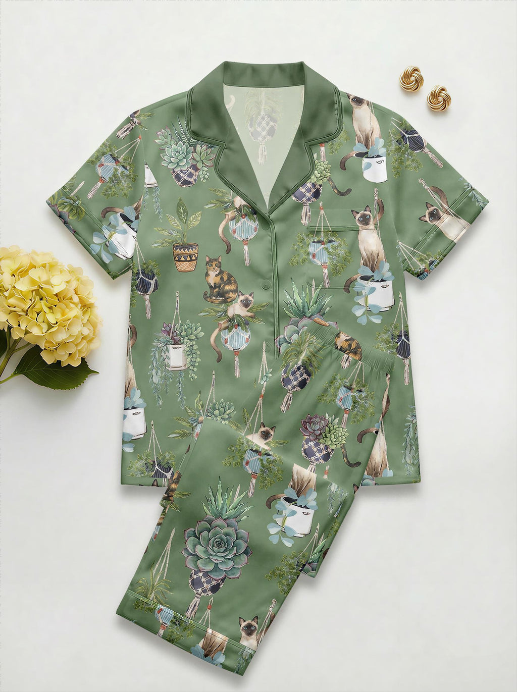 Women’s Garden  Cat Pajama Set, Botanical Cat Print Satin Pajamas, Short Sleeve Summer Loungewear, Family Matching Sleepwear, Gift for Her