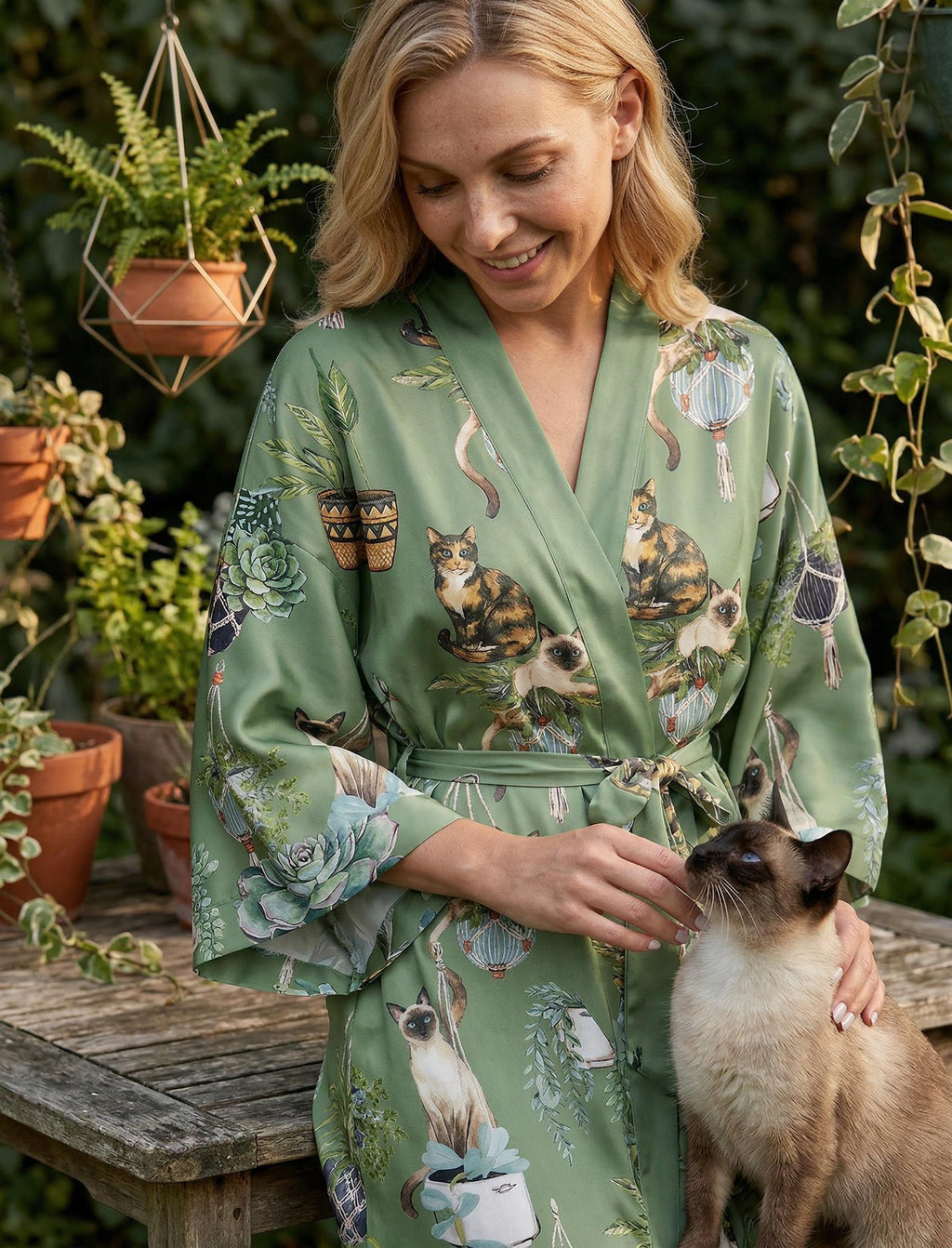 Women’s Garden  Cat Pajama Set, Botanical Cat Print Satin Pajamas, Short Sleeve Summer Loungewear, Family Matching Sleepwear, Gift for Her