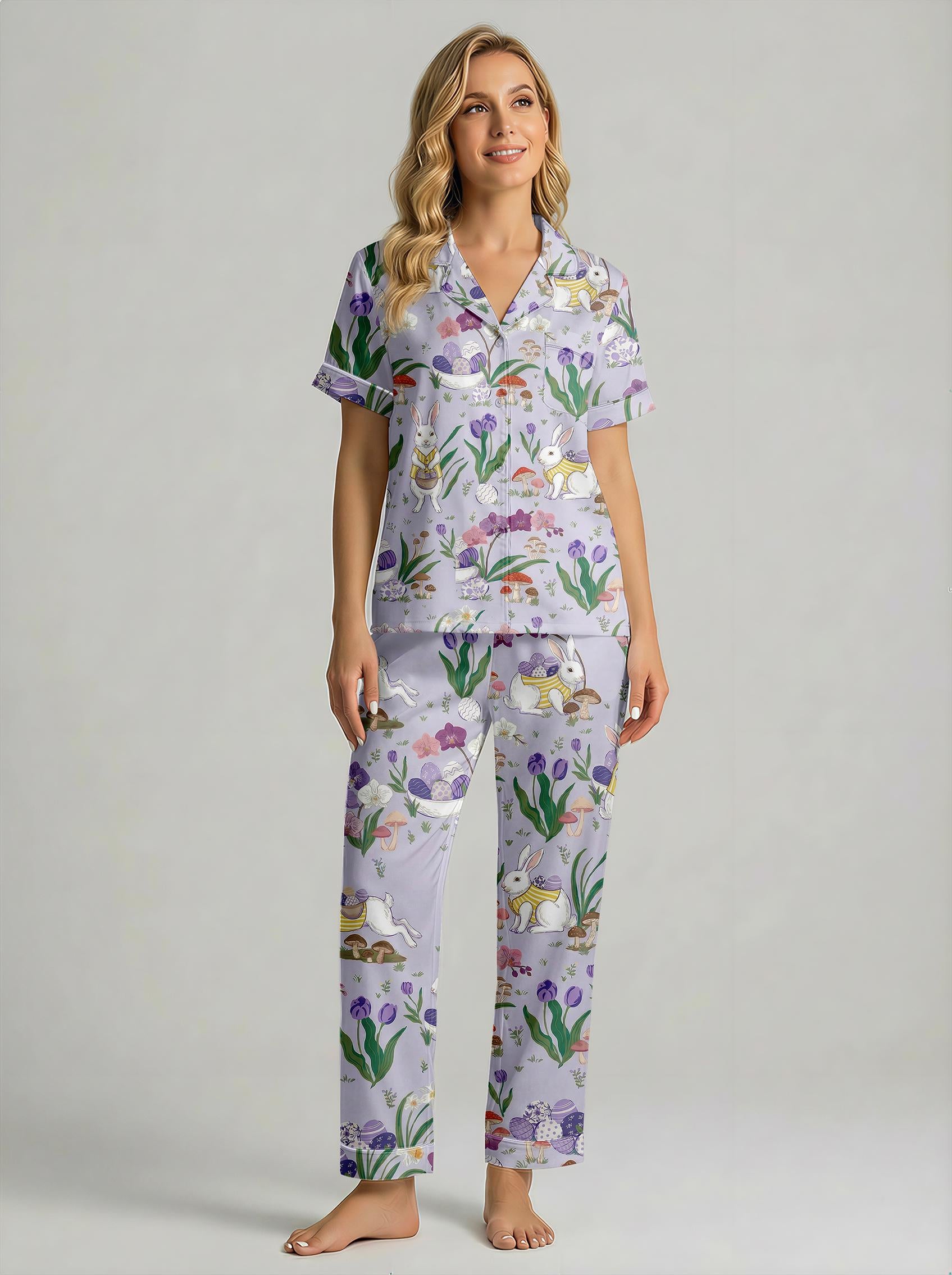 Easter Bunny Pajama Set for Women, Cute Rabbit & Easter Egg Print Satin PJs, Spring Family Matching Sleepwear, Easter Gift for Her