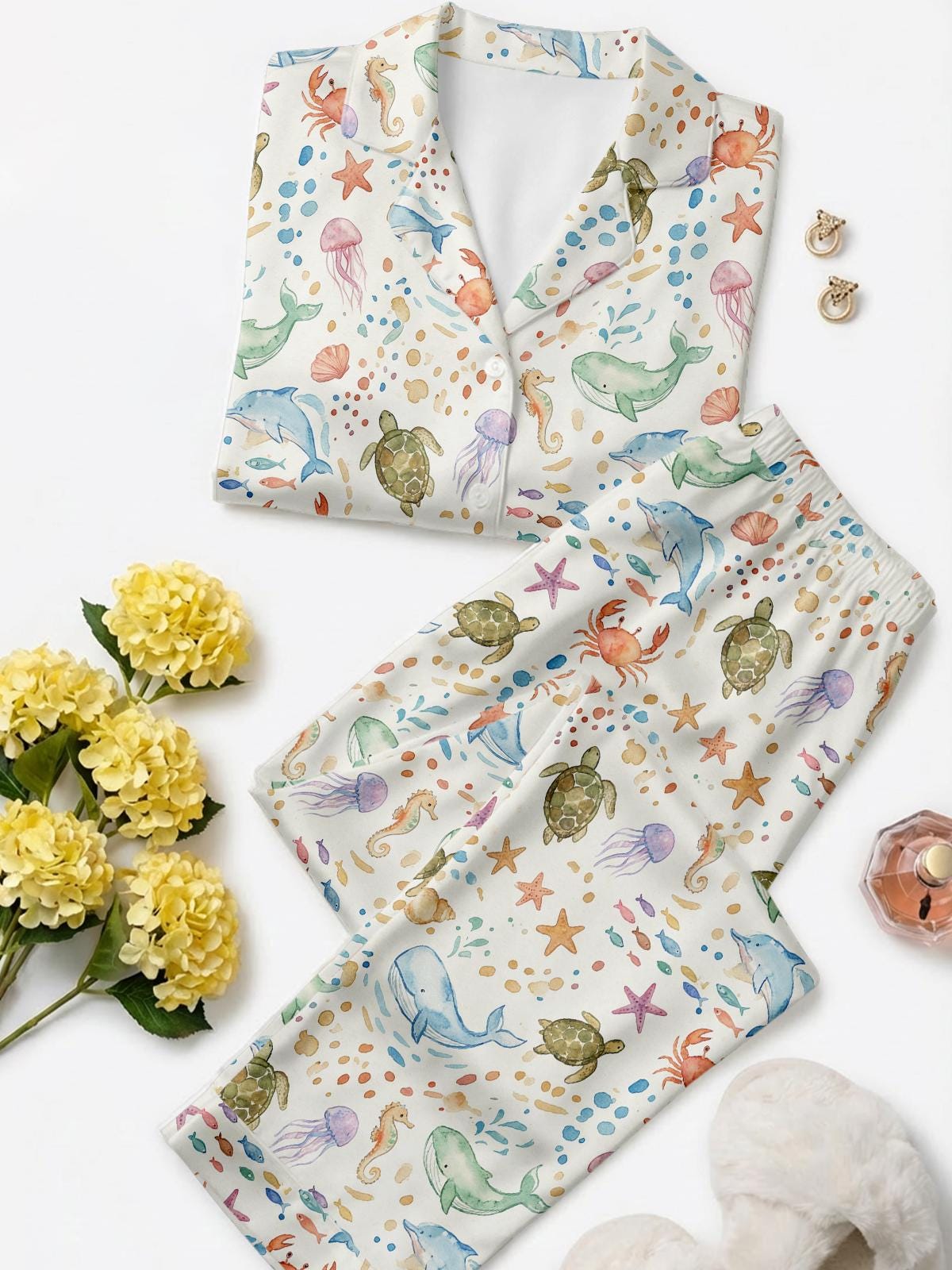Ocean Life Satin Pajama Set,Whale Orca Turtle Dolphin Print Sleepwear,Marine Biology Gift,Stingray and Starfish Satin PJs