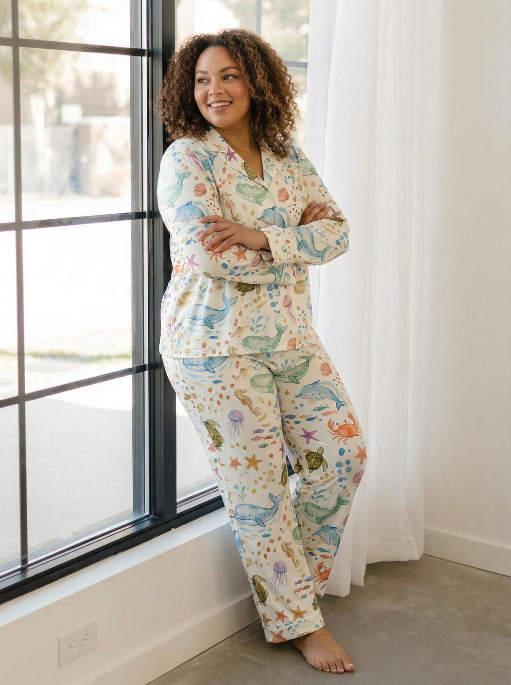 Ocean Life Satin Pajama Set,Whale Orca Turtle Dolphin Print Sleepwear,Marine Biology Gift,Stingray and Starfish Satin PJs