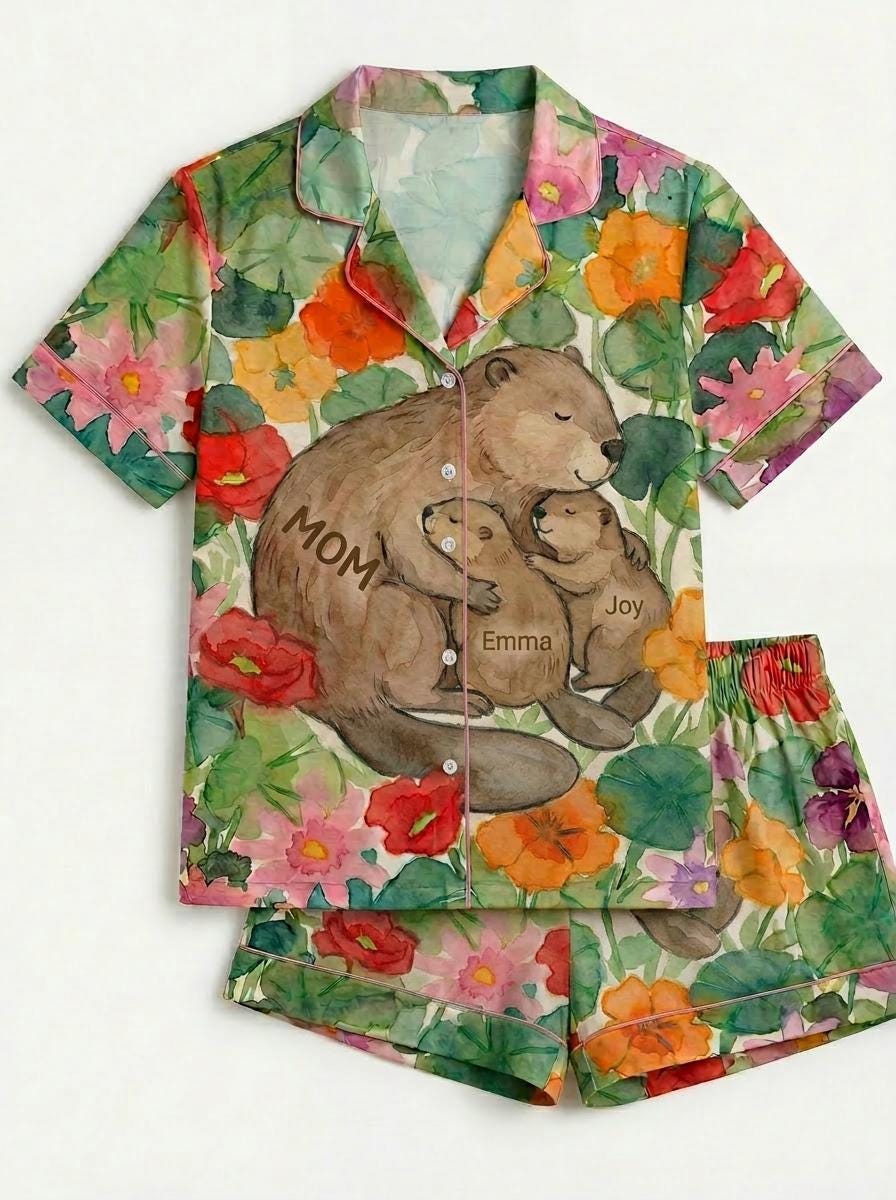 Personalized Pajamas  –Gift for Mom,  Custom Family Name Pajama Set ,Mothers Day Present ,Cute Otter Family Print Sleepwear