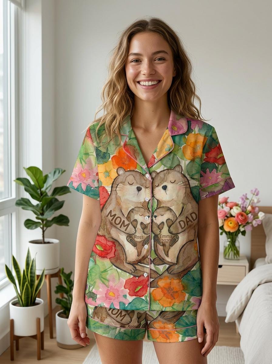 Personalized Pajamas  –Gift for Mom,  Custom Family Name Pajama Set ,Mothers Day Present ,Cute Otter Family Print Sleepwear