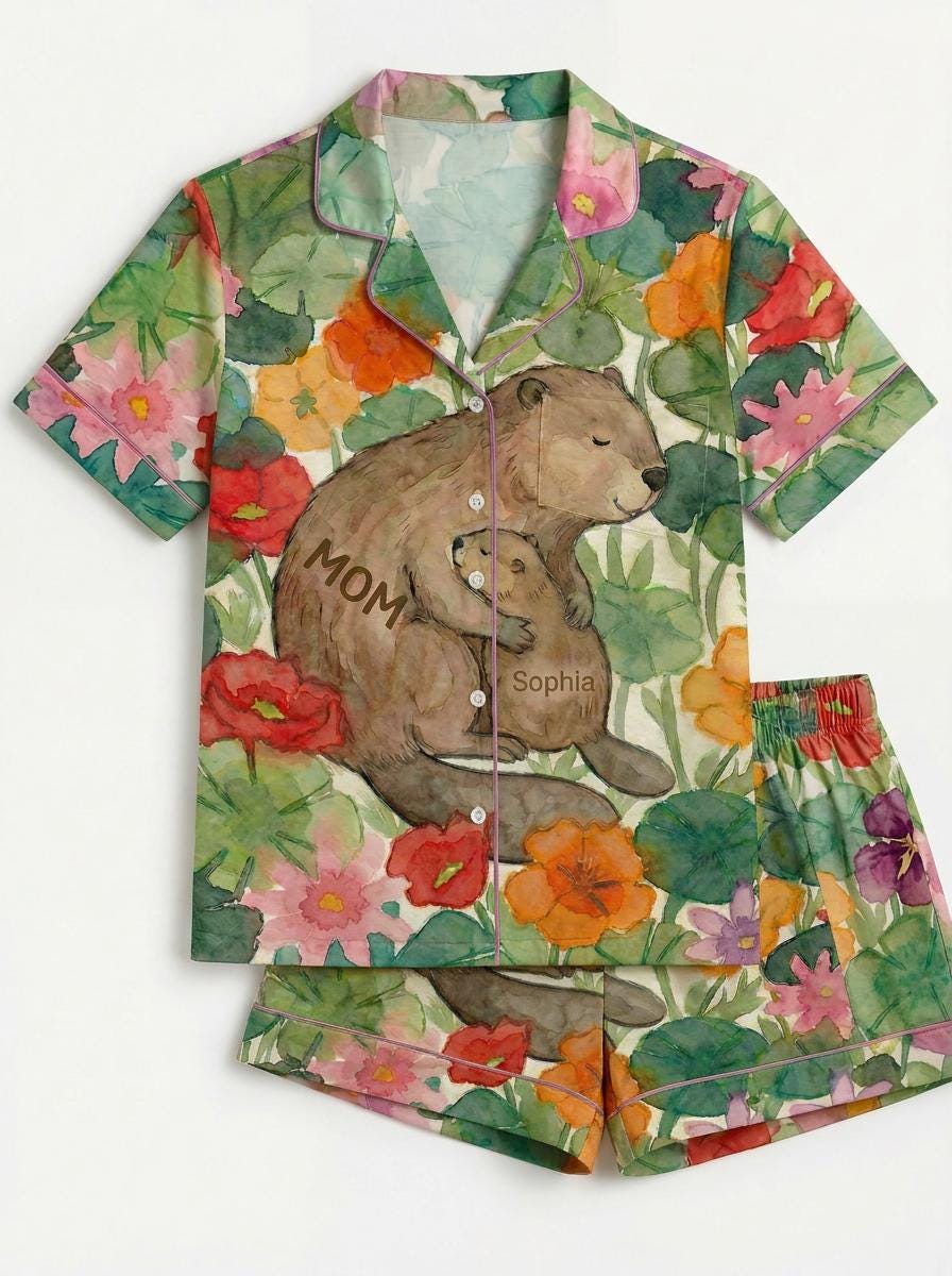 Personalized Pajamas  –Gift for Mom,  Custom Family Name Pajama Set ,Mothers Day Present ,Cute Otter Family Print Sleepwear