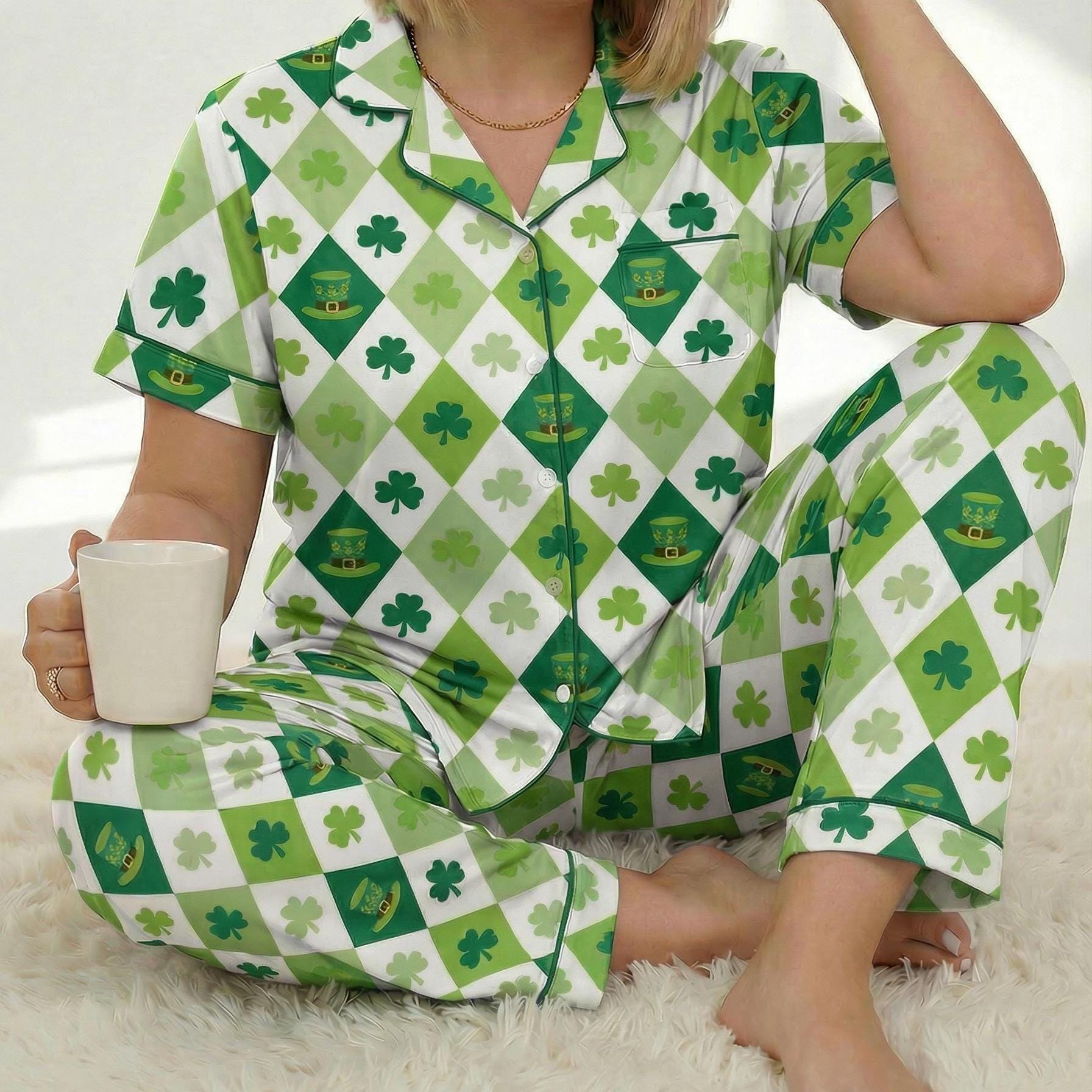 Women's Shamrock Pajama Set, St. Patrick's Day Loungewear, Lightweight Green Sleepwear