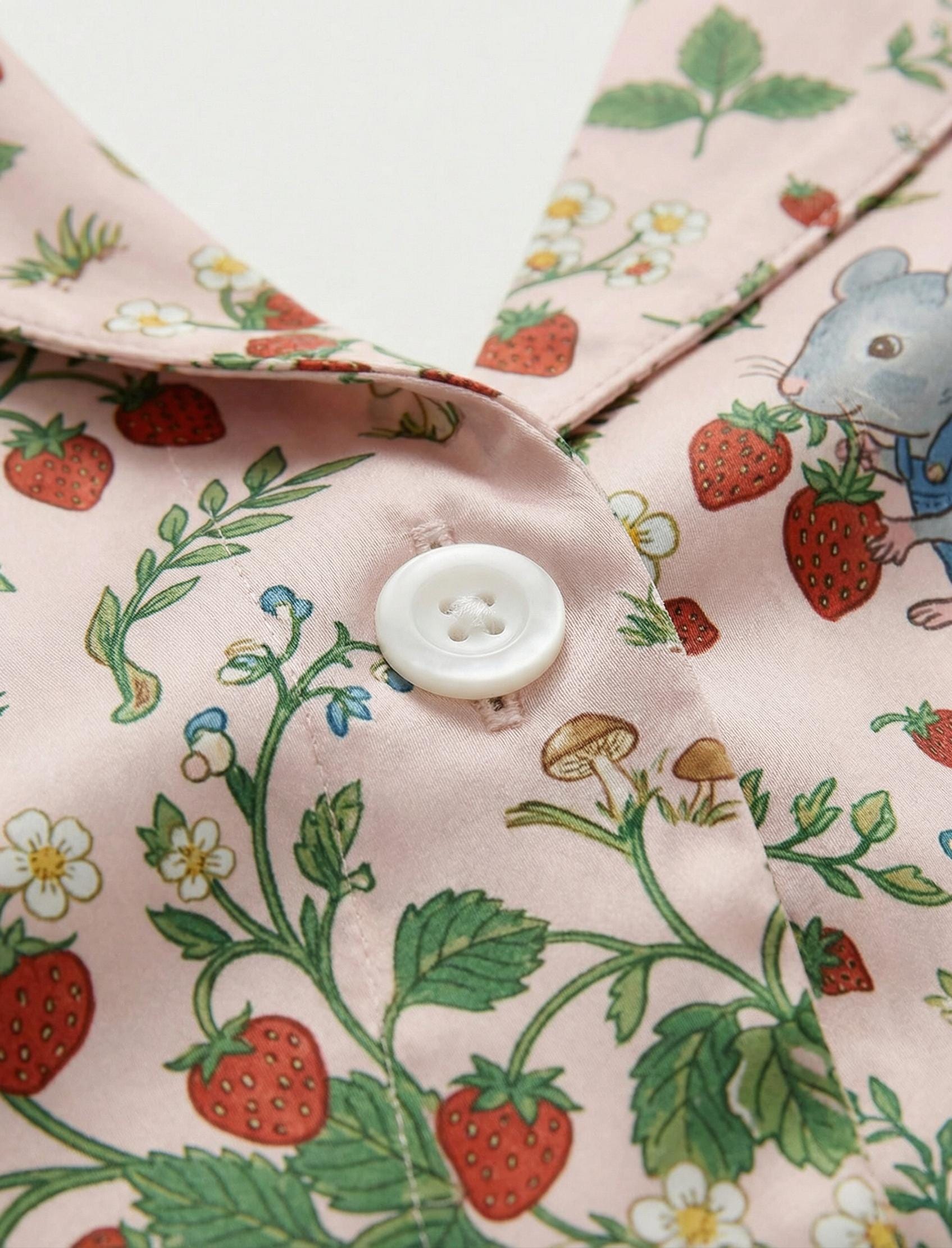 Strawberry Print Pajama Set for Women, Cottagecore Satin Sleepwear, Cute Garden Strawberry Pajamas, Soft Summer Loungewear Gift for Mom