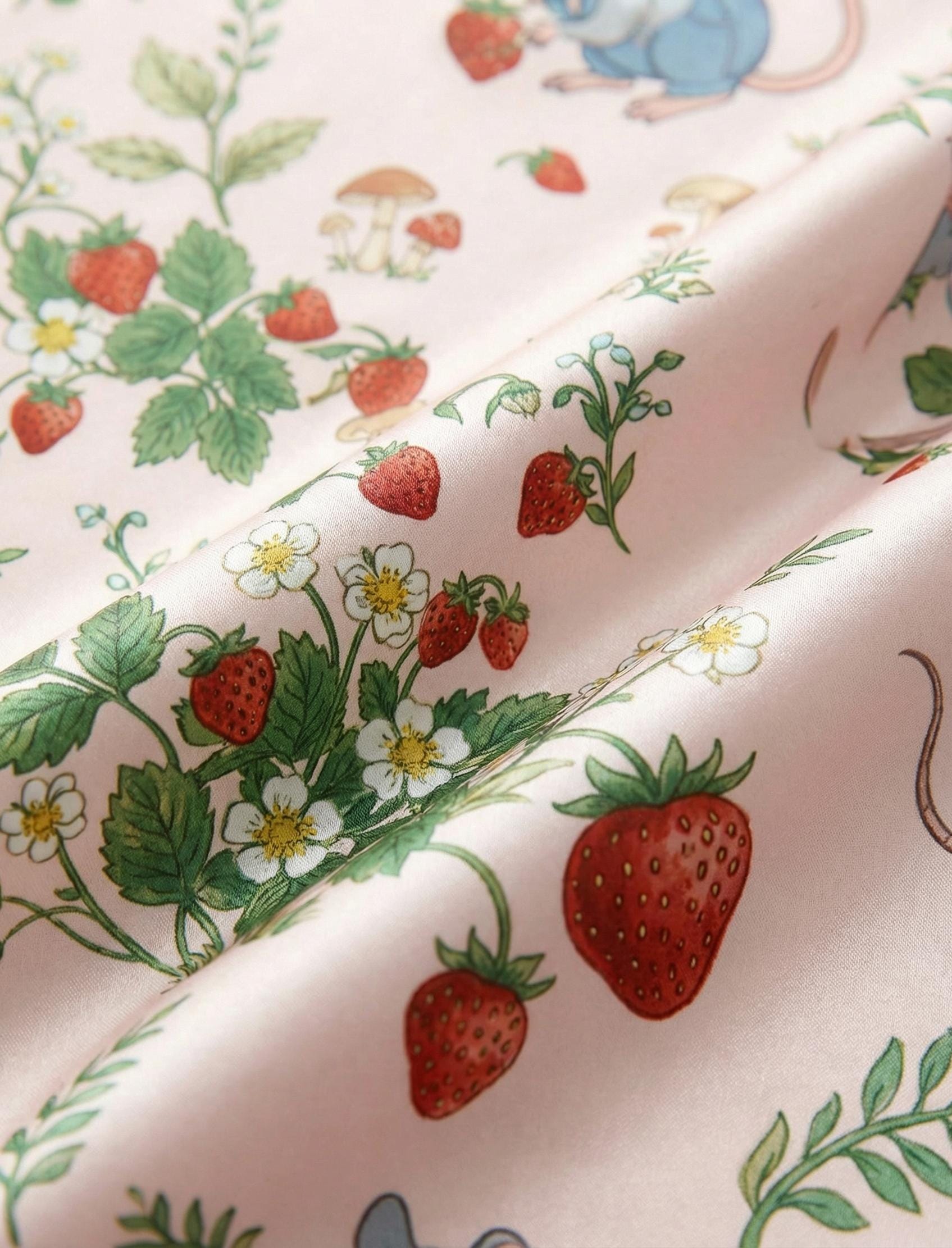 Strawberry Print Pajama Set for Women, Cottagecore Satin Sleepwear, Cute Garden Strawberry Pajamas, Soft Summer Loungewear Gift for Mom