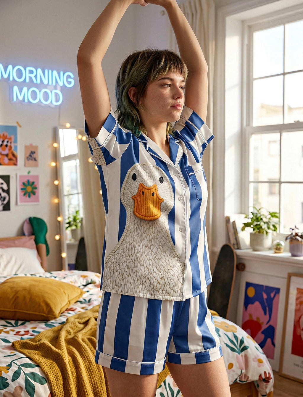 Funny Goose Pajamas for Women, Cute Duck Sleepwear, Blue Stripe Pajama Set, Silly Goose Gift, Cozy Lounge Set Gift for Her