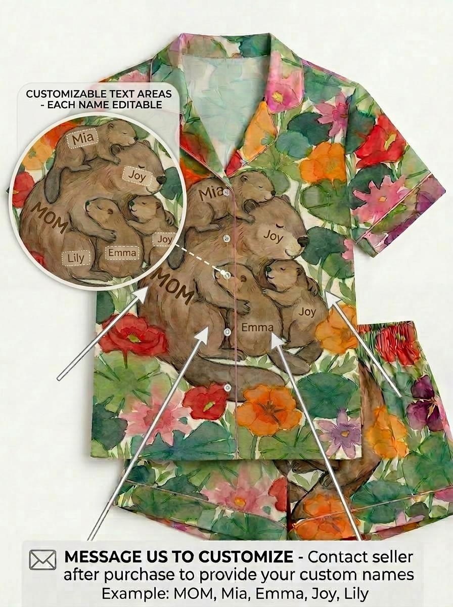 Personalized Pajamas  –Gift for Mom,  Custom Family Name Pajama Set ,Mothers Day Present ,Cute Otter Family Print Sleepwear