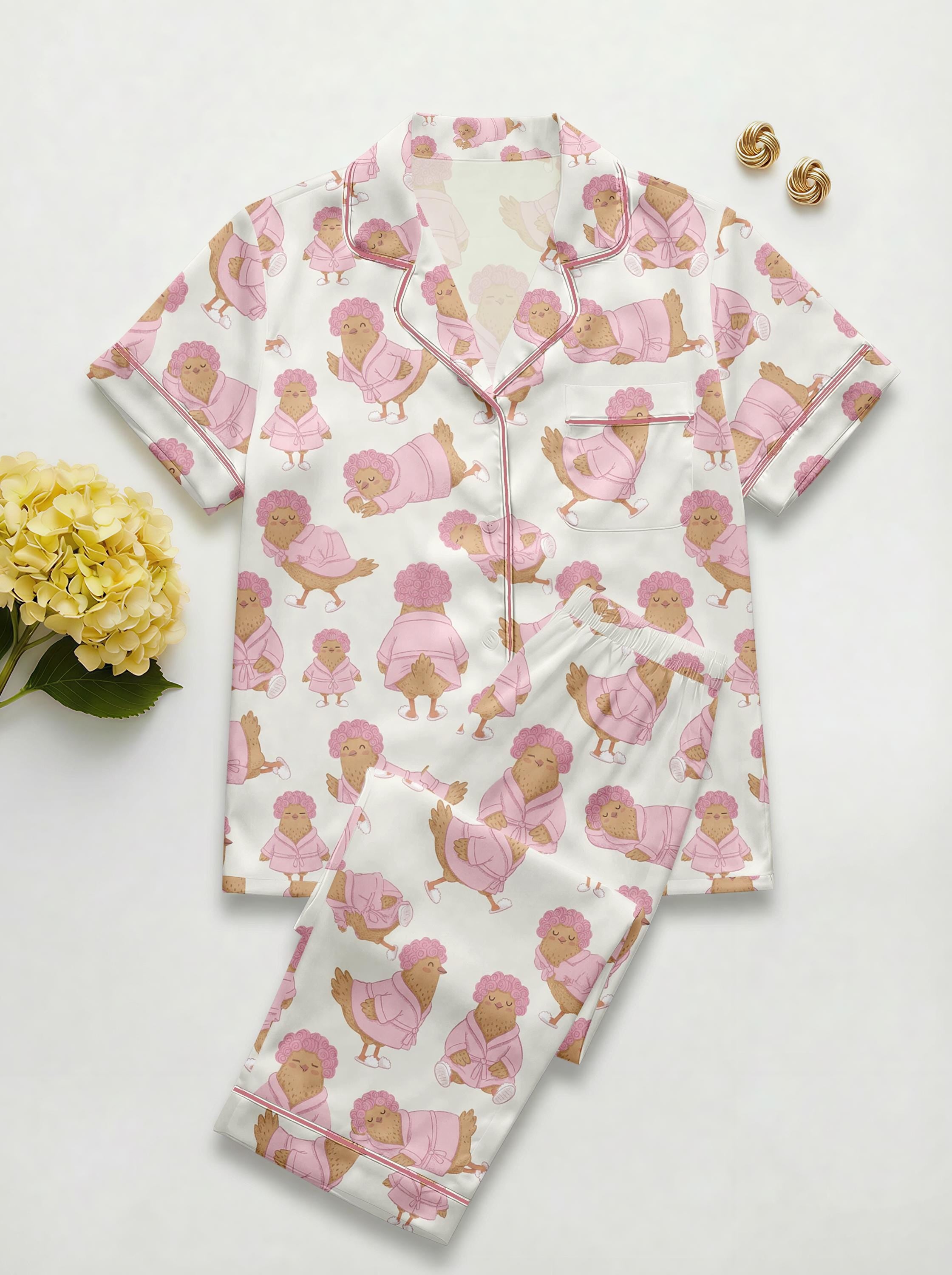 Cute Chicken Pajama Set for Women, Pink Farm Animal Pajamas, Cottagecore Chicken Sleepwear, Funny Chicken Gift for Mom, Mothers Day Pajamas