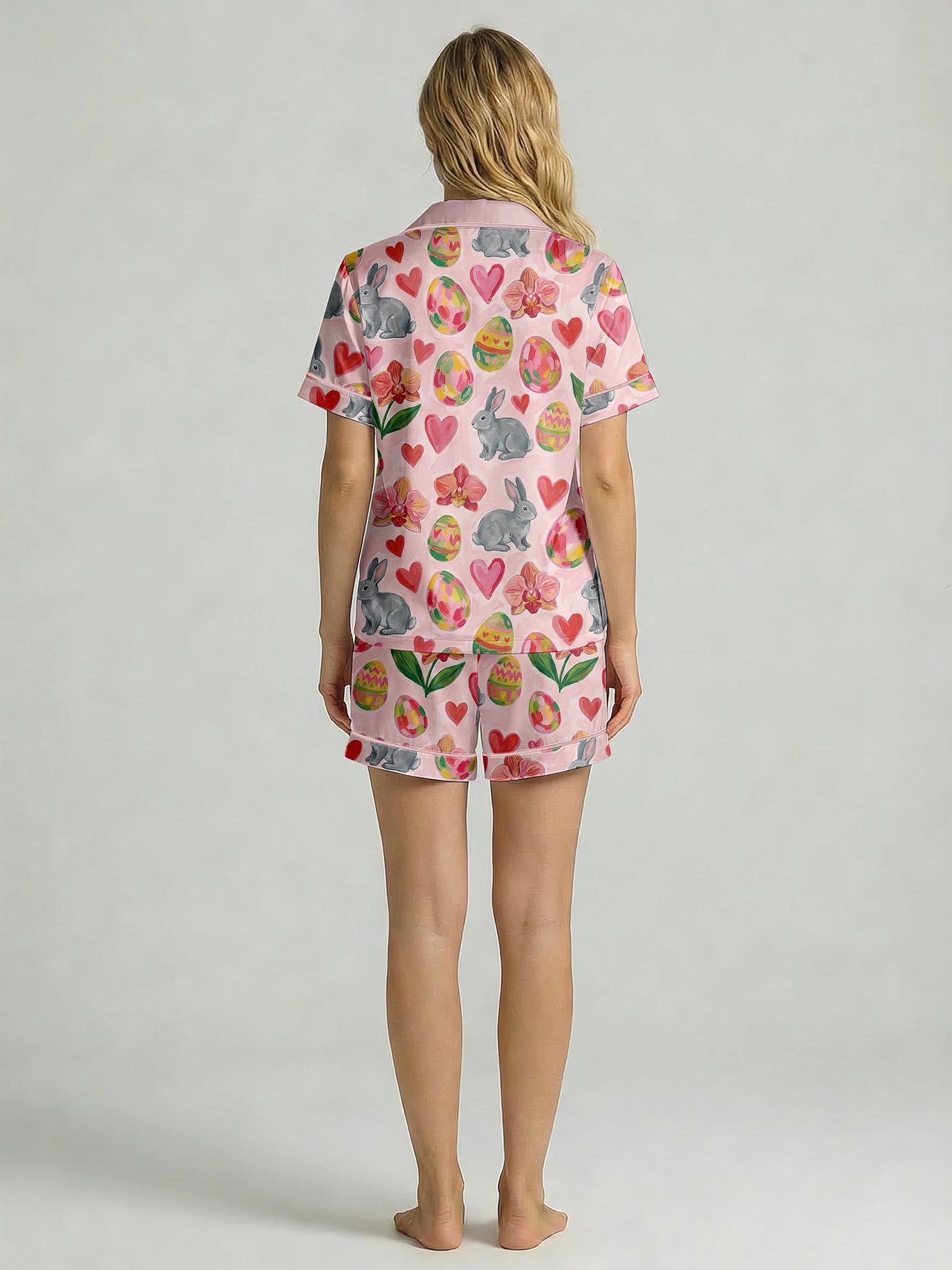Women's Easter Bunny Pajama Set, Silky Feel Short Sleeve Sleepwear, Spring Lounge Set