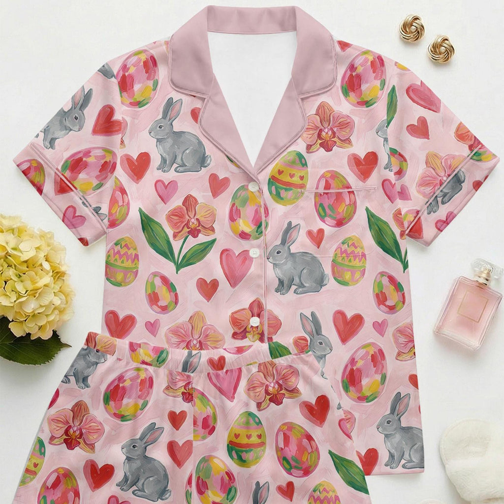 Women's Easter Bunny Pajama Set, Silky Feel Short Sleeve Sleepwear, Spring Lounge Set