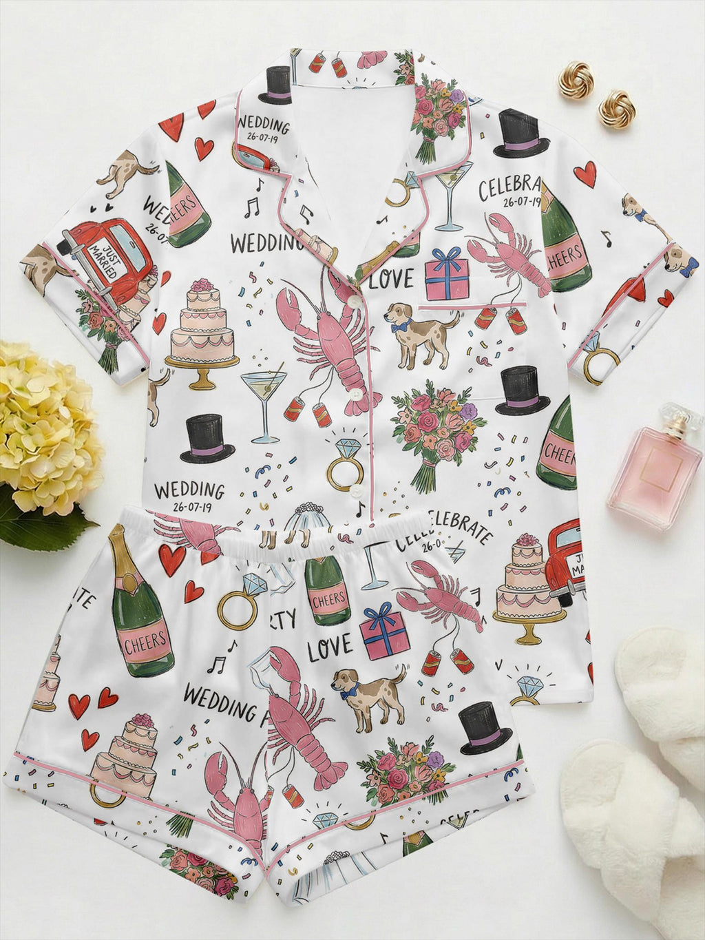 Custome Bridal Pajamas for Bride, Satin Wedding Pajama Set, Personalized Wedding Print PJs, Bridal Shower Bachelorette Party Gift