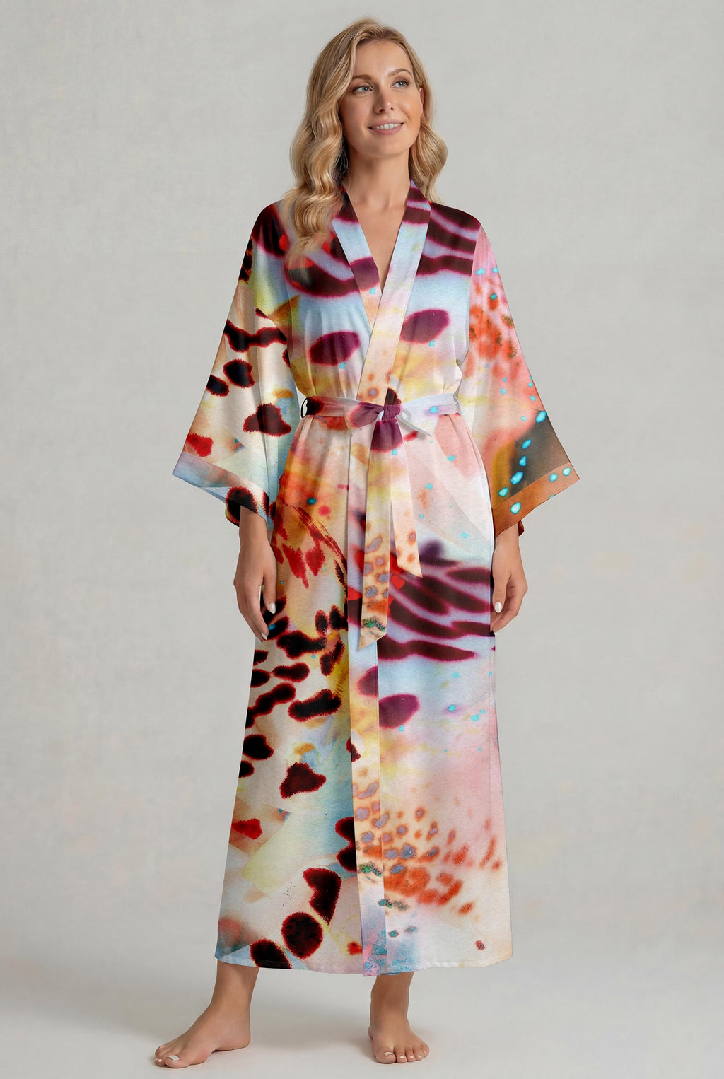 Tropical Floral Leopard Kimono Robe, Silky Polyester Beach Resort Wear