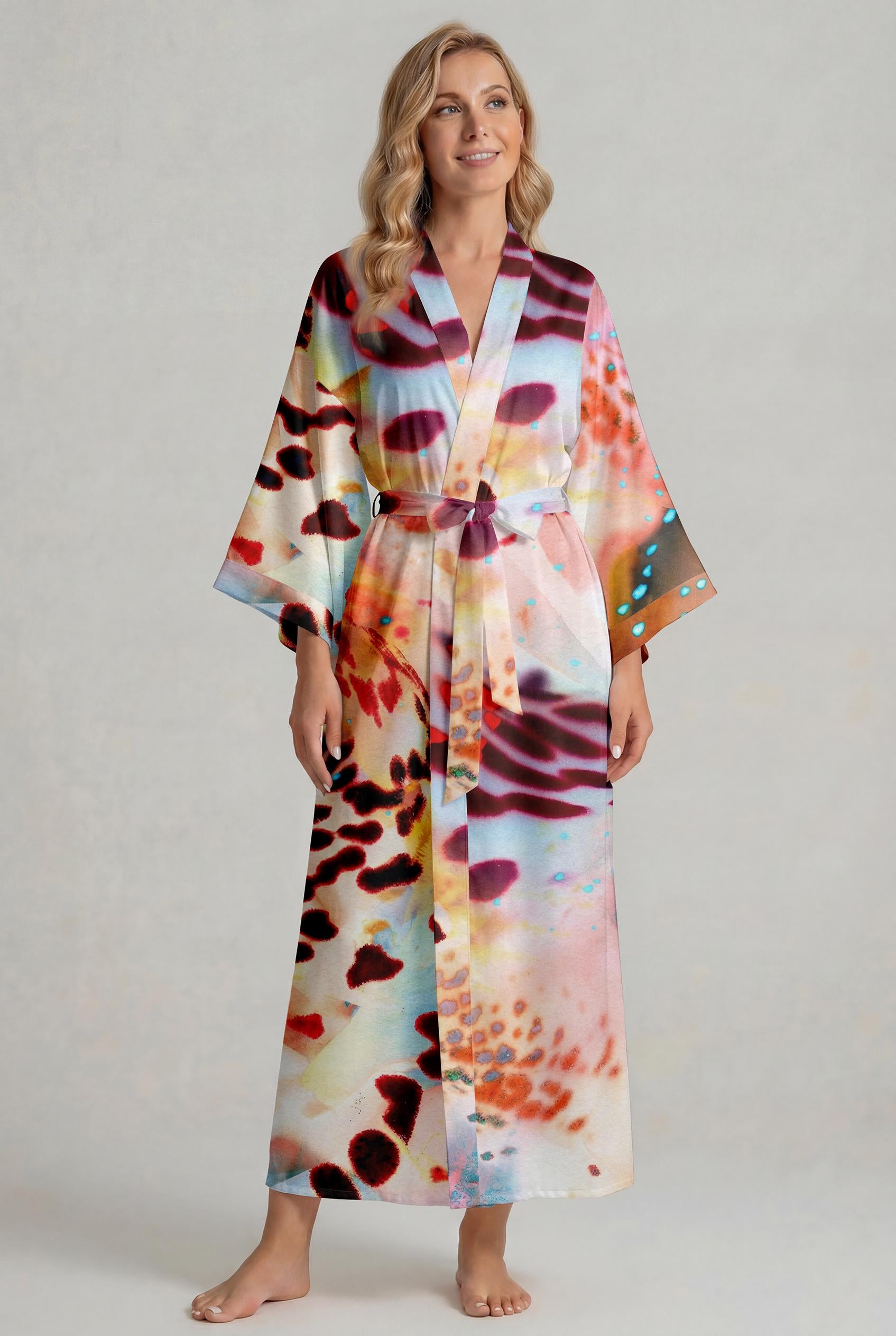 Tropical Floral Leopard Kimono Robe, Silky Polyester Beach Resort Wear