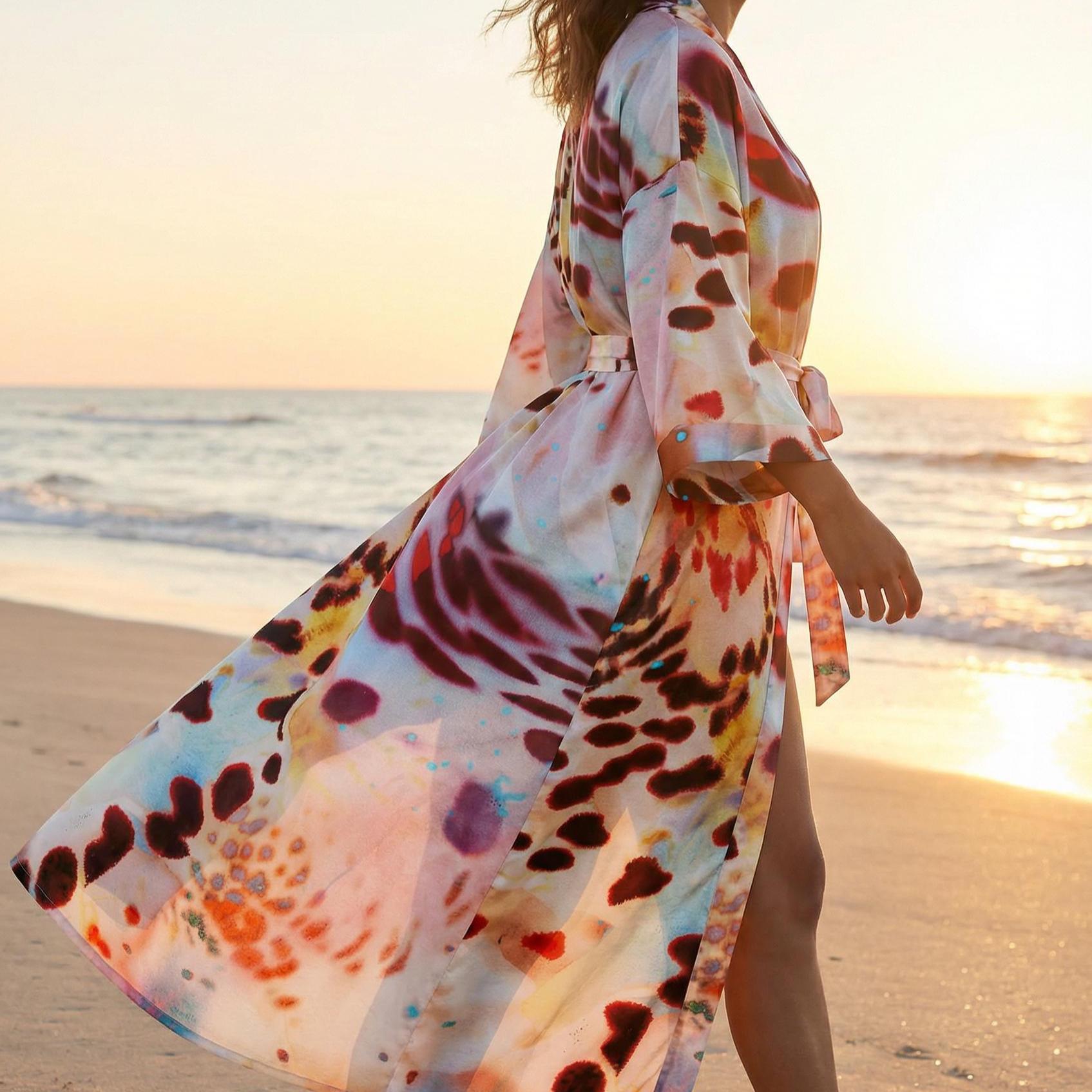 Tropical Floral Leopard Kimono Robe, Silky Polyester Beach Resort Wear