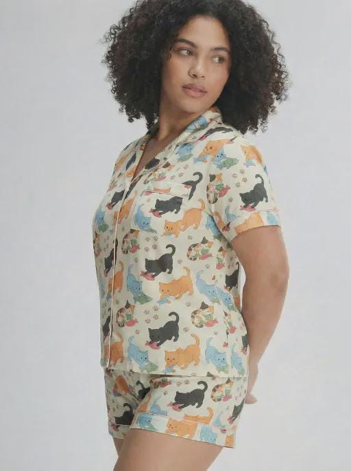 Plus Size Cat Print Pajama Set – Soft Satin Sleepwear, Lightweight Lounge PJs