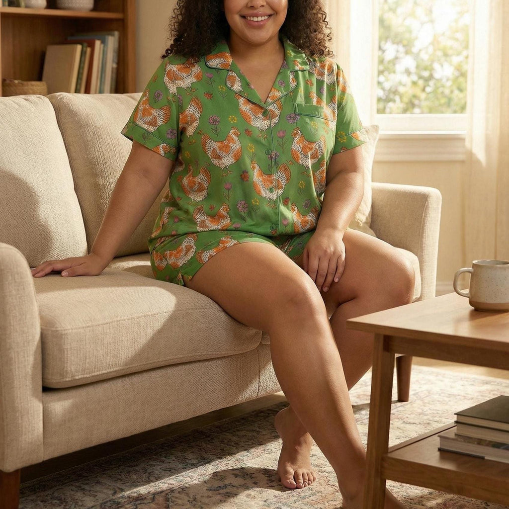 Plus Size Hen Floral Print Pajama Set – Lightweight Summer Sleepwear (0X–4X)