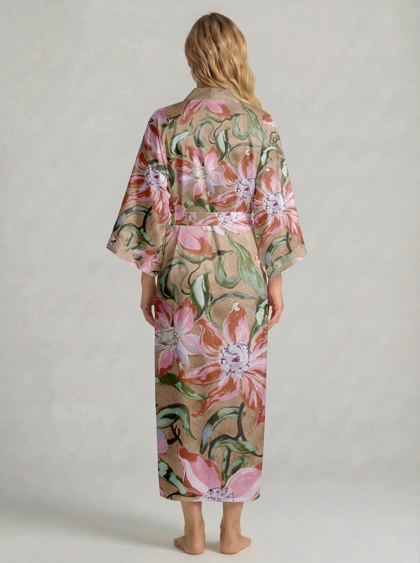 Mother’s Day Satin Pajama Set for Mom, Tropical Floral Leopard Kimono Robe, Silk-Touch Beach Cover Up, Boho Resort Wear