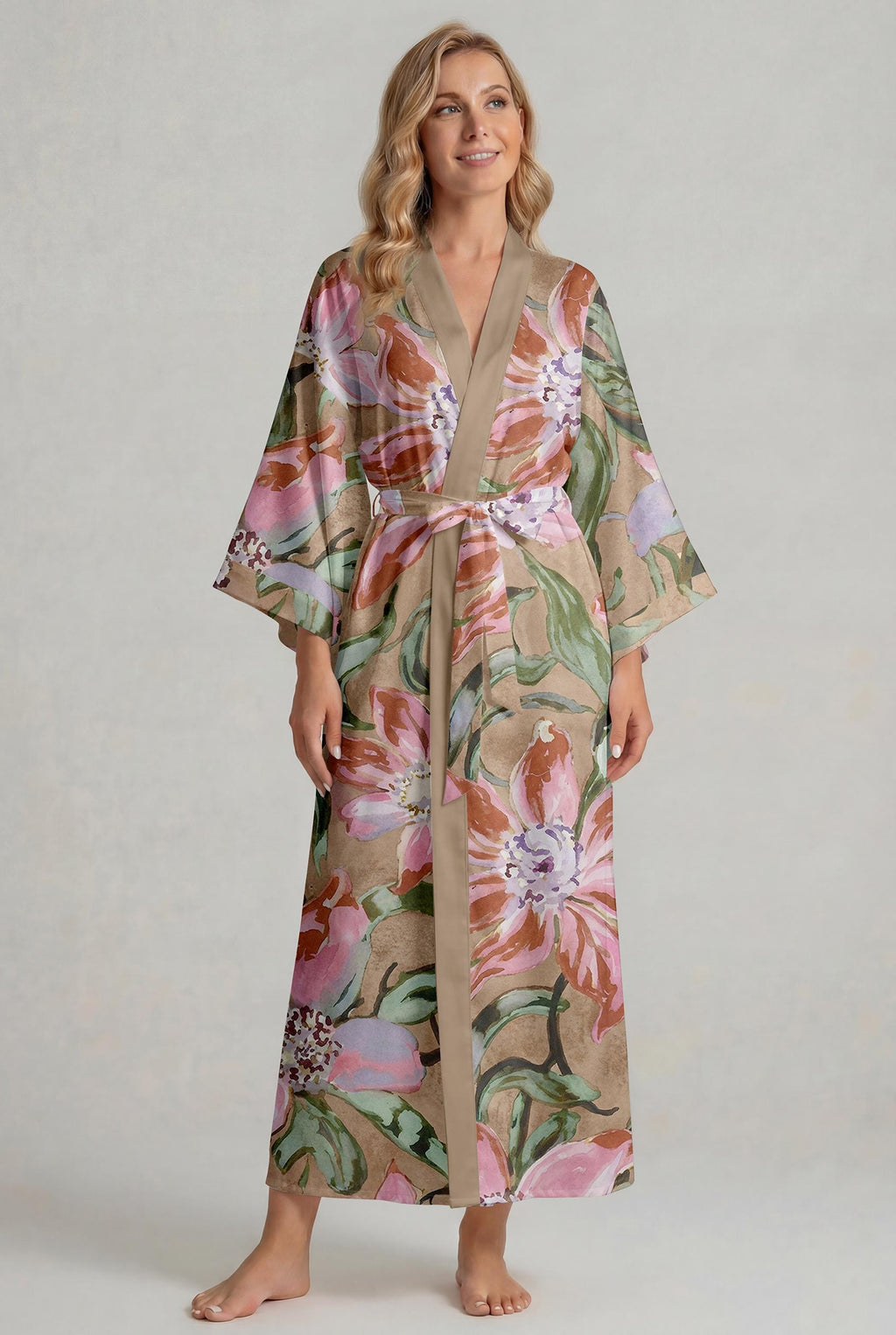 Mother’s Day Satin Pajama Set for Mom, Tropical Floral Leopard Kimono Robe, Silk-Touch Beach Cover Up, Boho Resort Wear