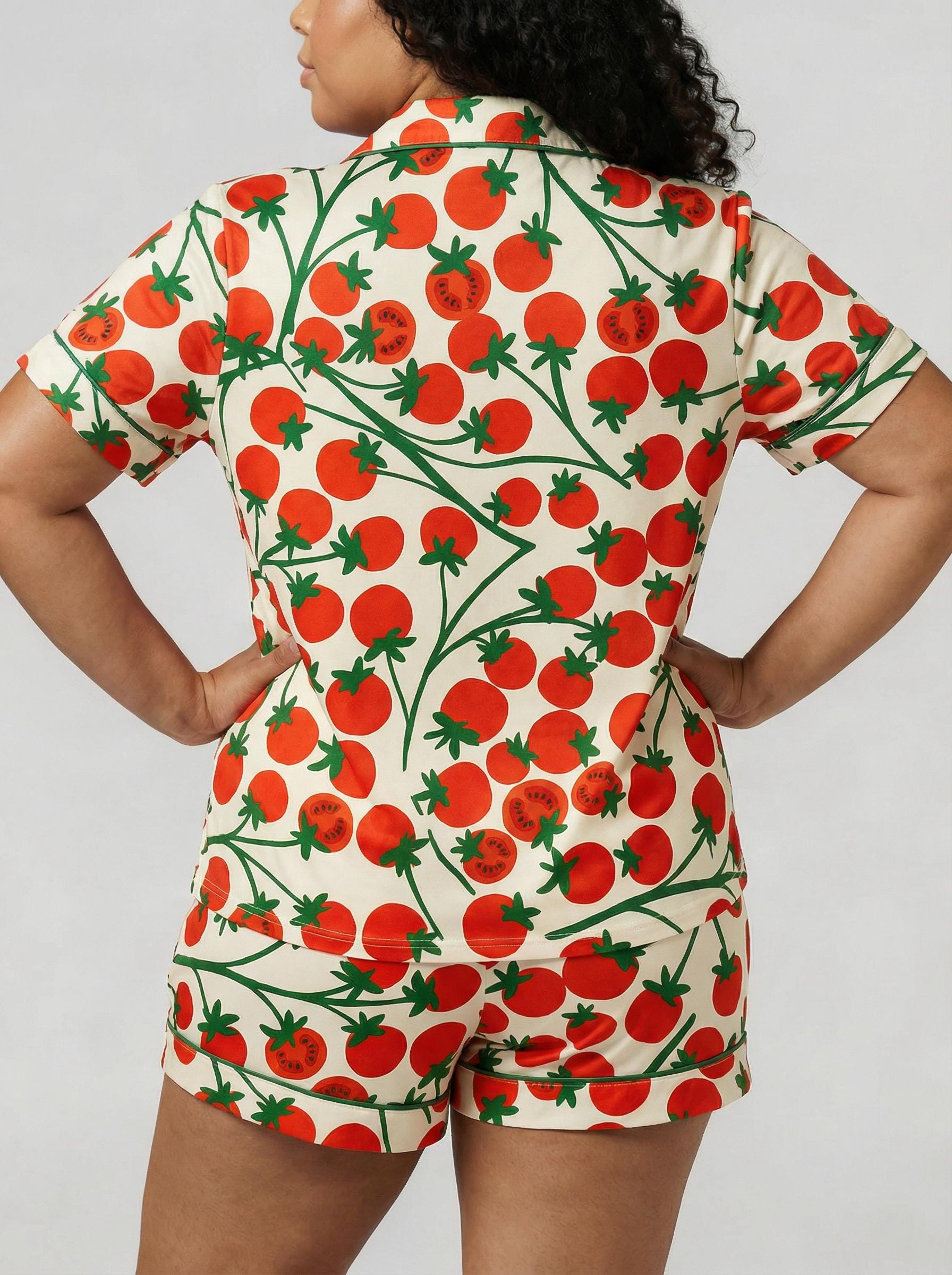 Women's Tomato Print Pajama Set – Short Sleeve Sleepwear, Relaxed Fit Lounge Set