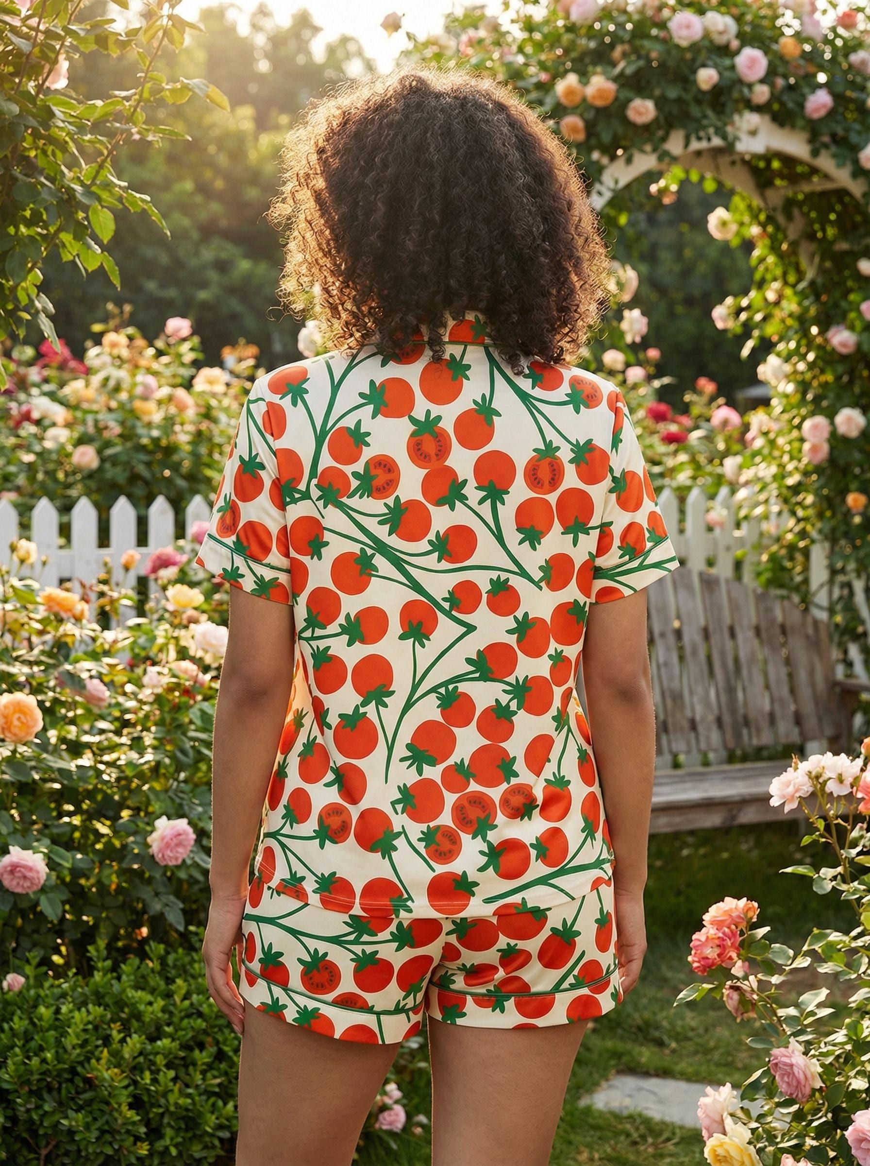 Women's Tomato Print Pajama Set – Short Sleeve Sleepwear, Relaxed Fit Lounge Set