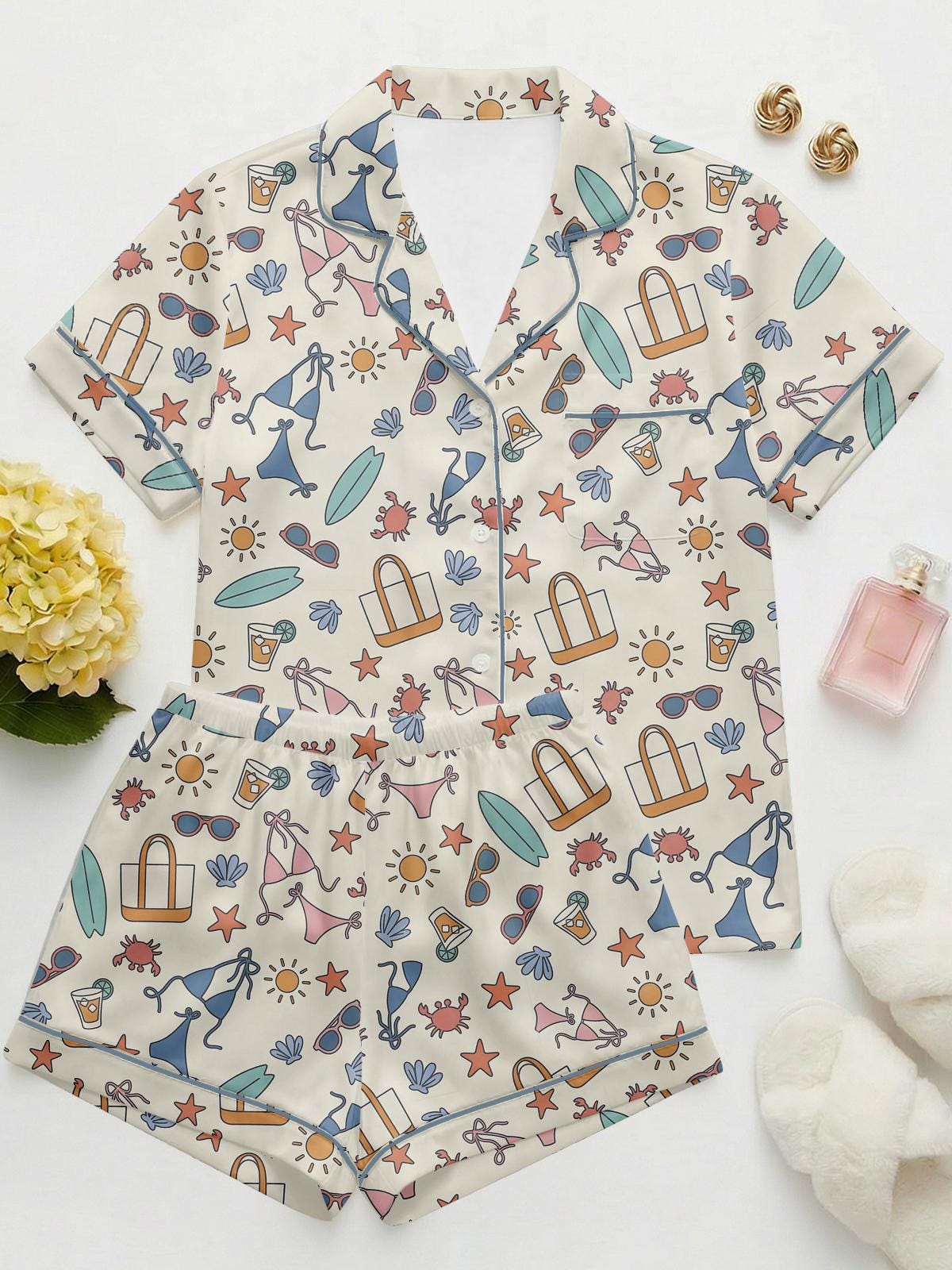 Plus Size Pajamas for Women, Personalized Beach Vacation Sleepwear, Cute Summer Print Satin Pajama Set, Gift for Her (0X–4X)