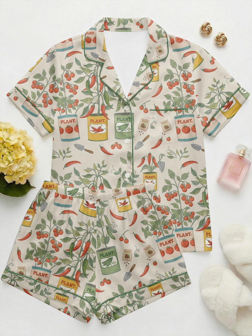 Garden Lover Pajamas for Women, Tomato Vegetable Print Sleepwear, Spring Plant Pajama Set, Funny Gift for Mom or Gardener