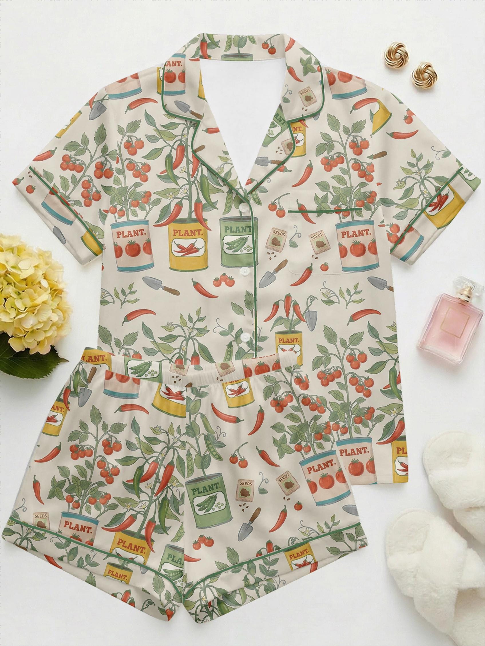 Garden Lover Pajamas for Women, Tomato Vegetable Print Sleepwear, Spring Plant Pajama Set, Funny Gift for Mom or Gardener