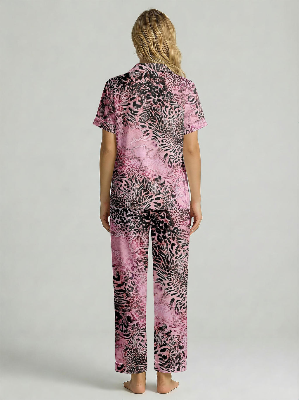 Women's Pink Animal Print Satin Pajama Set | Faux Silk Sleepwear Loungewear