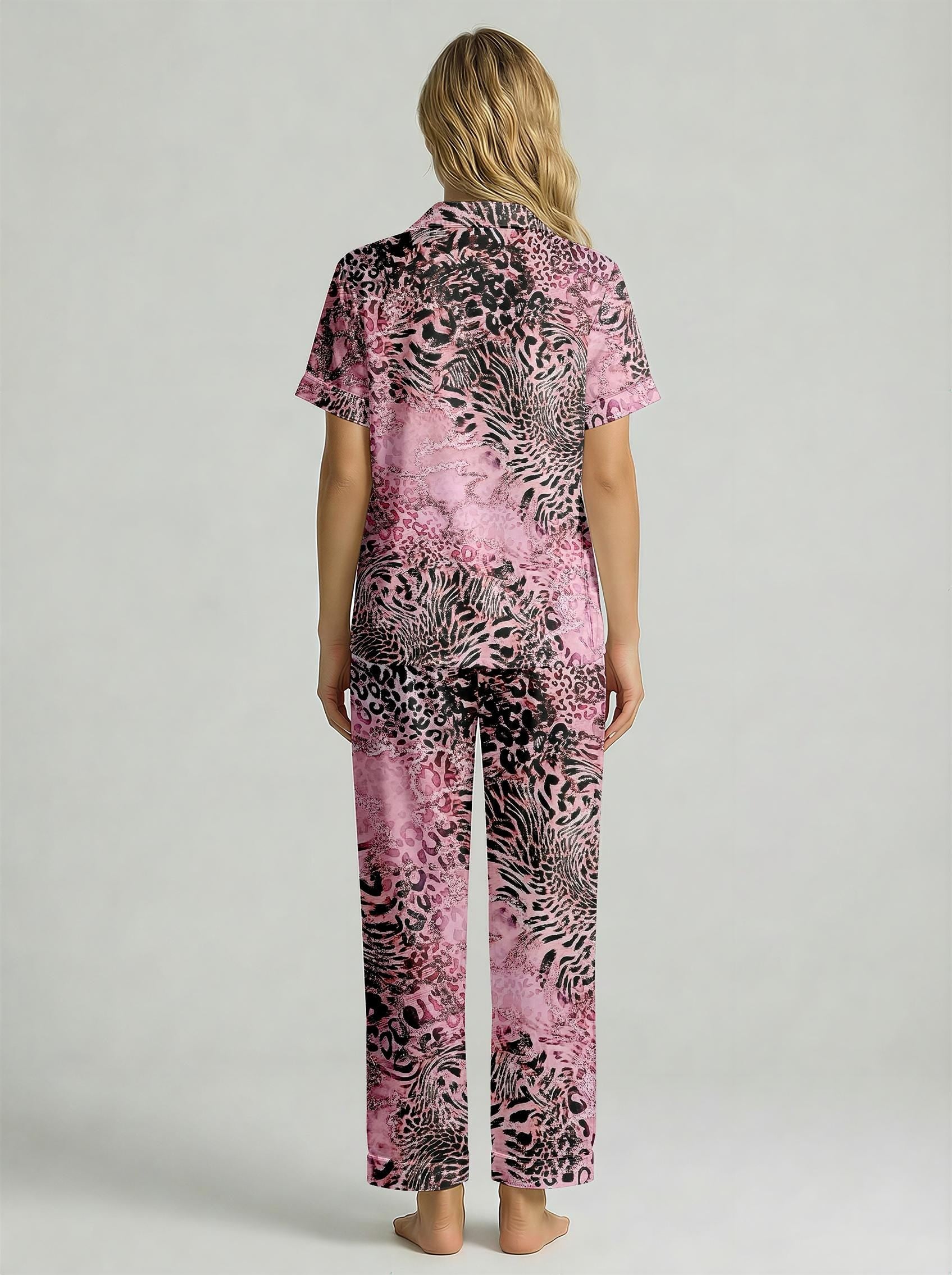 Women's Pink Animal Print Satin Pajama Set | Faux Silk Sleepwear Loungewear