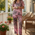 Women's Pink Animal Print Satin Pajama Set | Faux Silk Sleepwear Loungewear