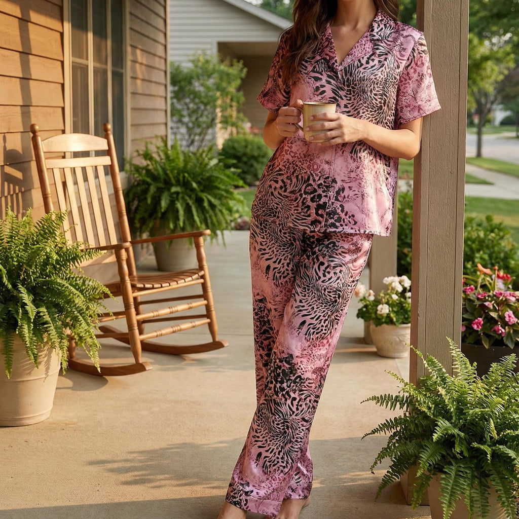 Women's Pink Animal Print Satin Pajama Set | Faux Silk Sleepwear Loungewear