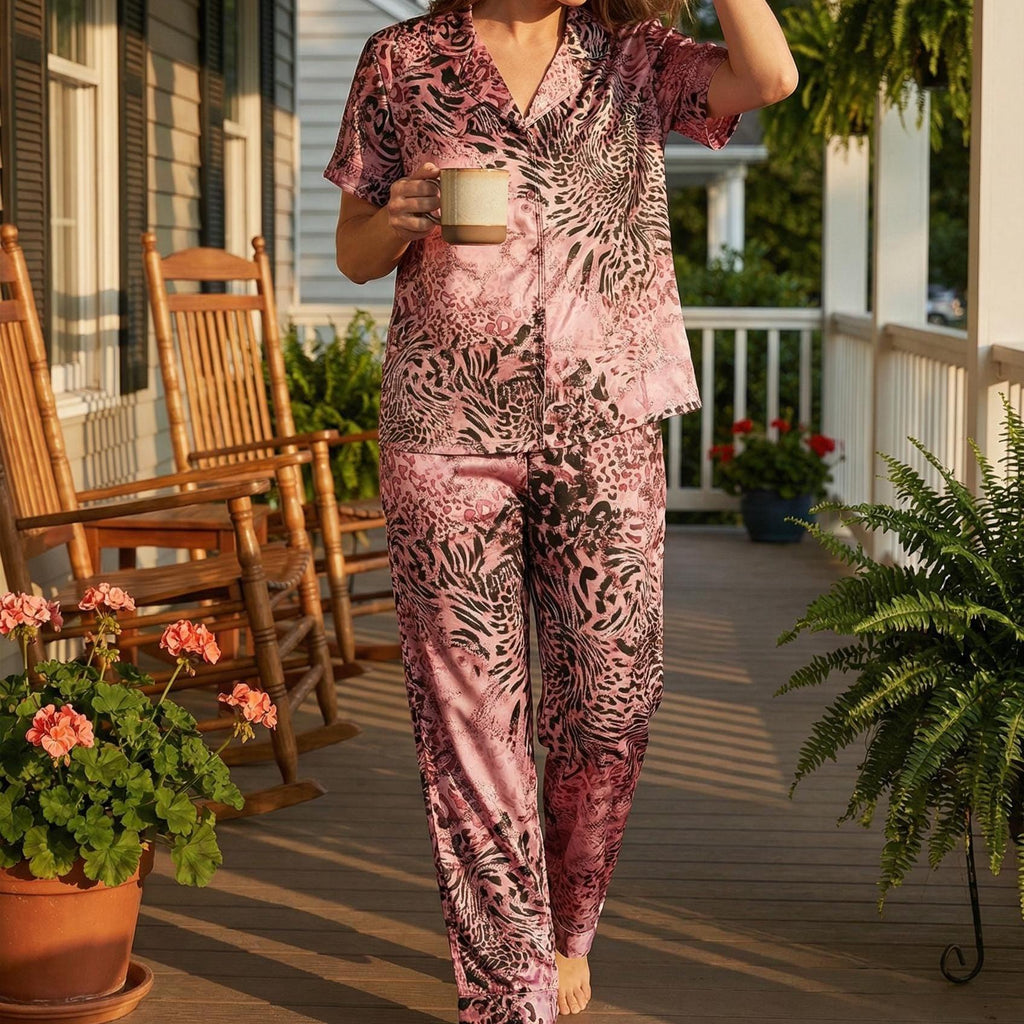Women's Pink Animal Print Satin Pajama Set | Faux Silk Sleepwear Loungewear