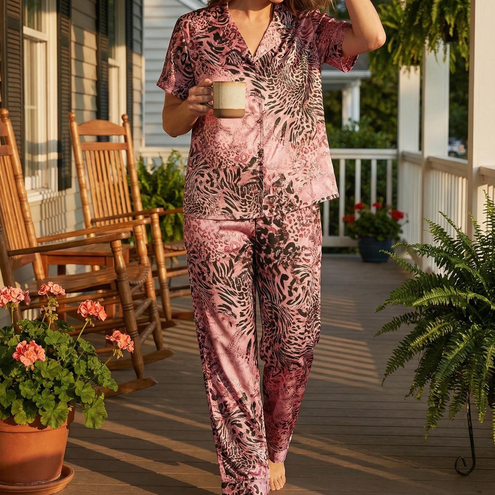 Women's Pink Animal Print Satin Pajama Set | Faux Silk Sleepwear Loungewear