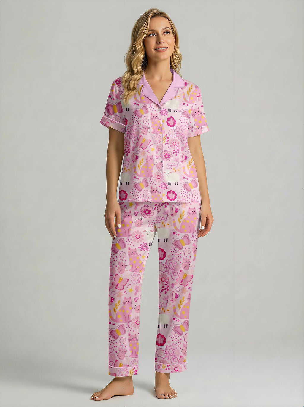 Pink Cat Pajama Set for Women | Short Sleeve Lounge Sleepwear, Satin Pajama Set, Cat Meme Xmas Wedding Pajamas,  Gift for Her