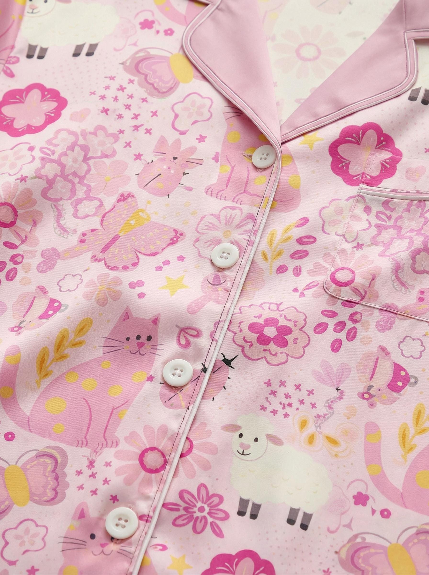Pink Cat Pajama Set for Women | Short Sleeve Lounge Sleepwear, Satin Pajama Set, Cat Meme Xmas Wedding Pajamas,  Gift for Her