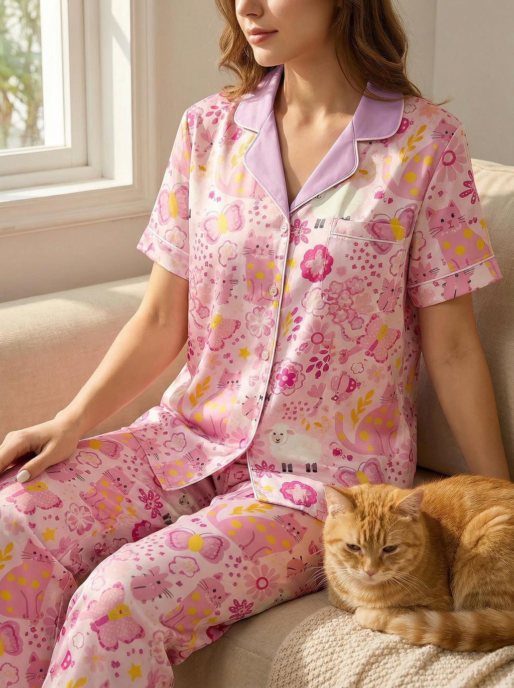 Pink Cat Pajama Set for Women | Short Sleeve Lounge Sleepwear, Satin Pajama Set, Cat Meme Xmas Wedding Pajamas,  Gift for Her