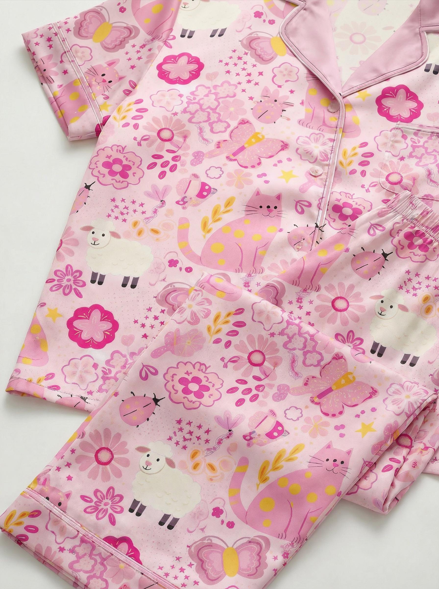 Pink Cat Pajama Set for Women | Short Sleeve Lounge Sleepwear, Satin Pajama Set, Cat Meme Xmas Wedding Pajamas,  Gift for Her
