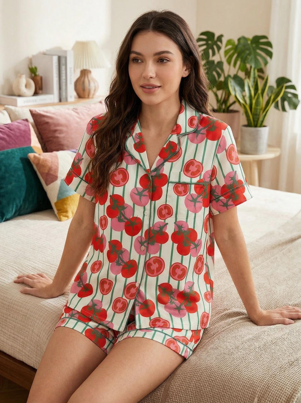 Tomato Short Satin Pajamas, Fruity Sleepwear Set Women,Summer Satin Pjs, Hand Drawn Aesthetic Loungewear, Luxury Bride Set
