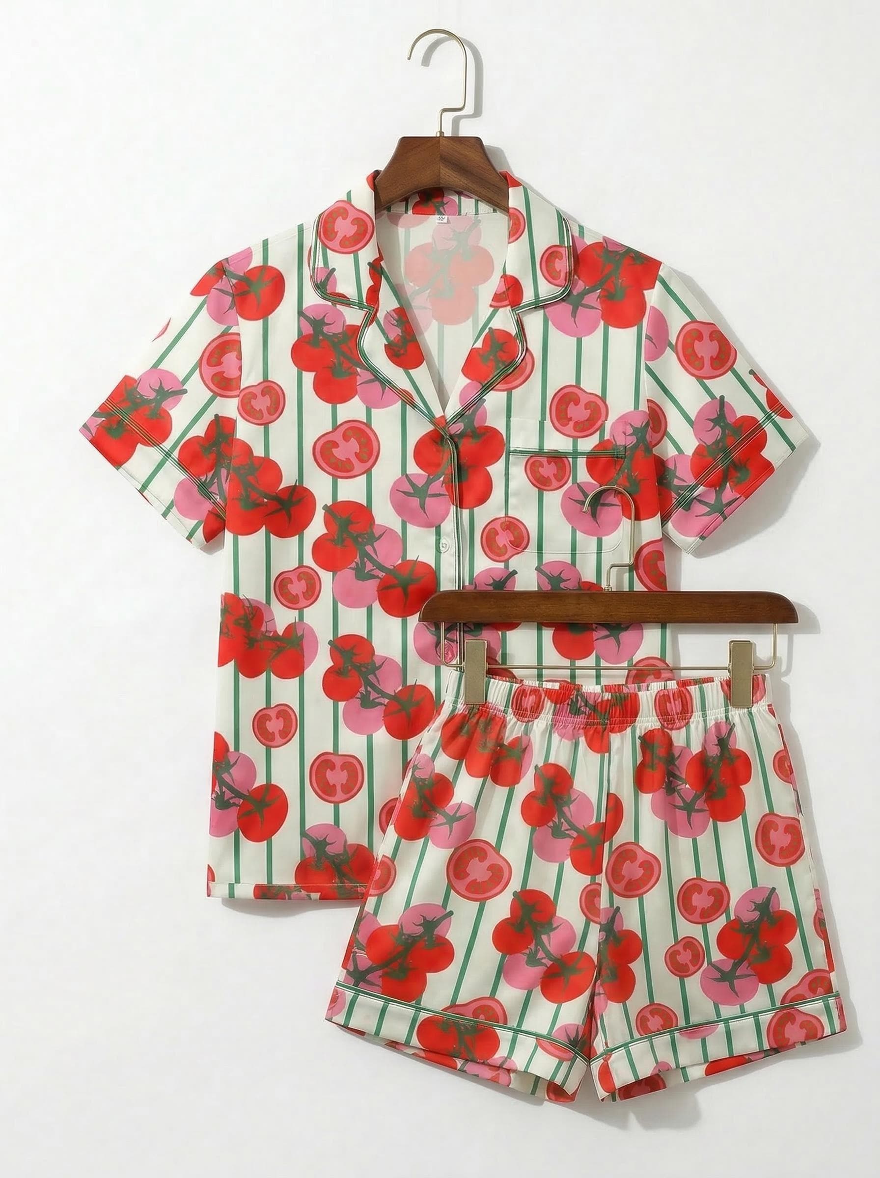 Tomato Short Satin Pajamas, Fruity Sleepwear Set Women,Summer Satin Pjs, Hand Drawn Aesthetic Loungewear, Luxury Bride Set