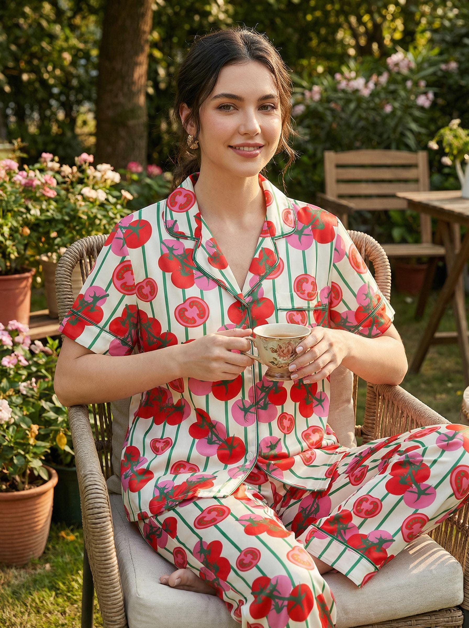 Tomato Short Satin Pajamas, Fruity Sleepwear Set Women,Summer Satin Pjs, Hand Drawn Aesthetic Loungewear, Luxury Bride Set