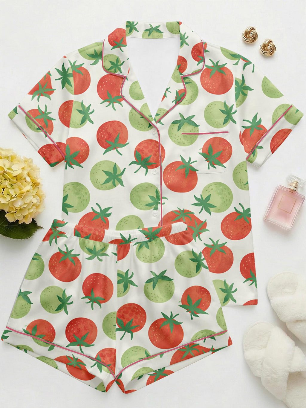 Tomato Print Pajamas for Women, Satin Pajama Set, Summer shorts Lounge , Soft Sleepwear Set, Gift Pajamas for Her,Sleepover night