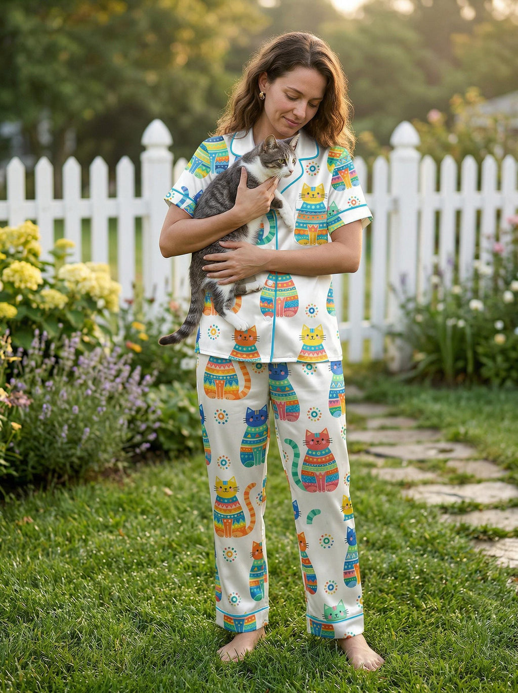 Cat Satin Pajama Set, Cute Cat Sleepwear, Women’s Lounge Pajamas, Summer Sleepwear Cat Meme Xmas Wedding Pajamas,  Gift for Her